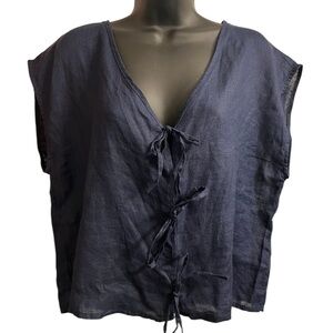 Cynthia Rowley 100% Linen Navy Tie-Front Women's Top Sz L
